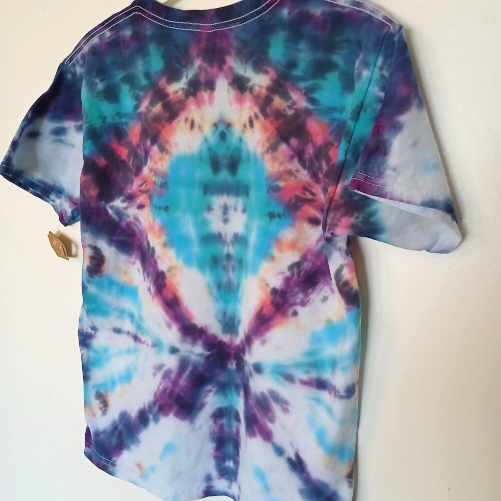 Tie Dye T-Shirt Off Center Diamond Pattern Blue Purple Orange Pink Kid's Large - Picture 10 of 16